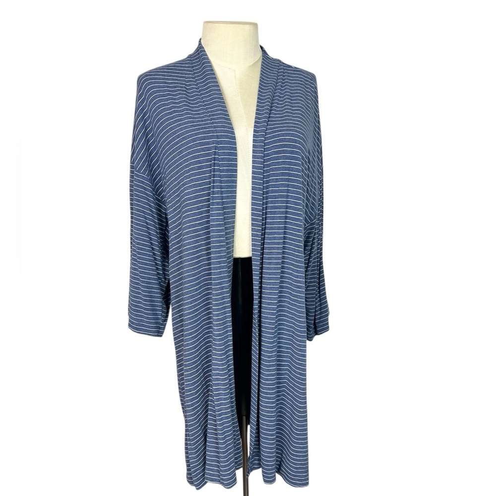 Soma blue‎ striped cardigan open front size Large long line 1/2 sleeve layering